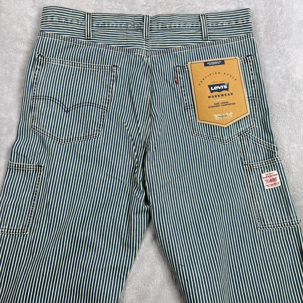 Levi's 568 Hickory Stripe Carpenter Pants 38x32 Blue Loose Straight Workwear NWT